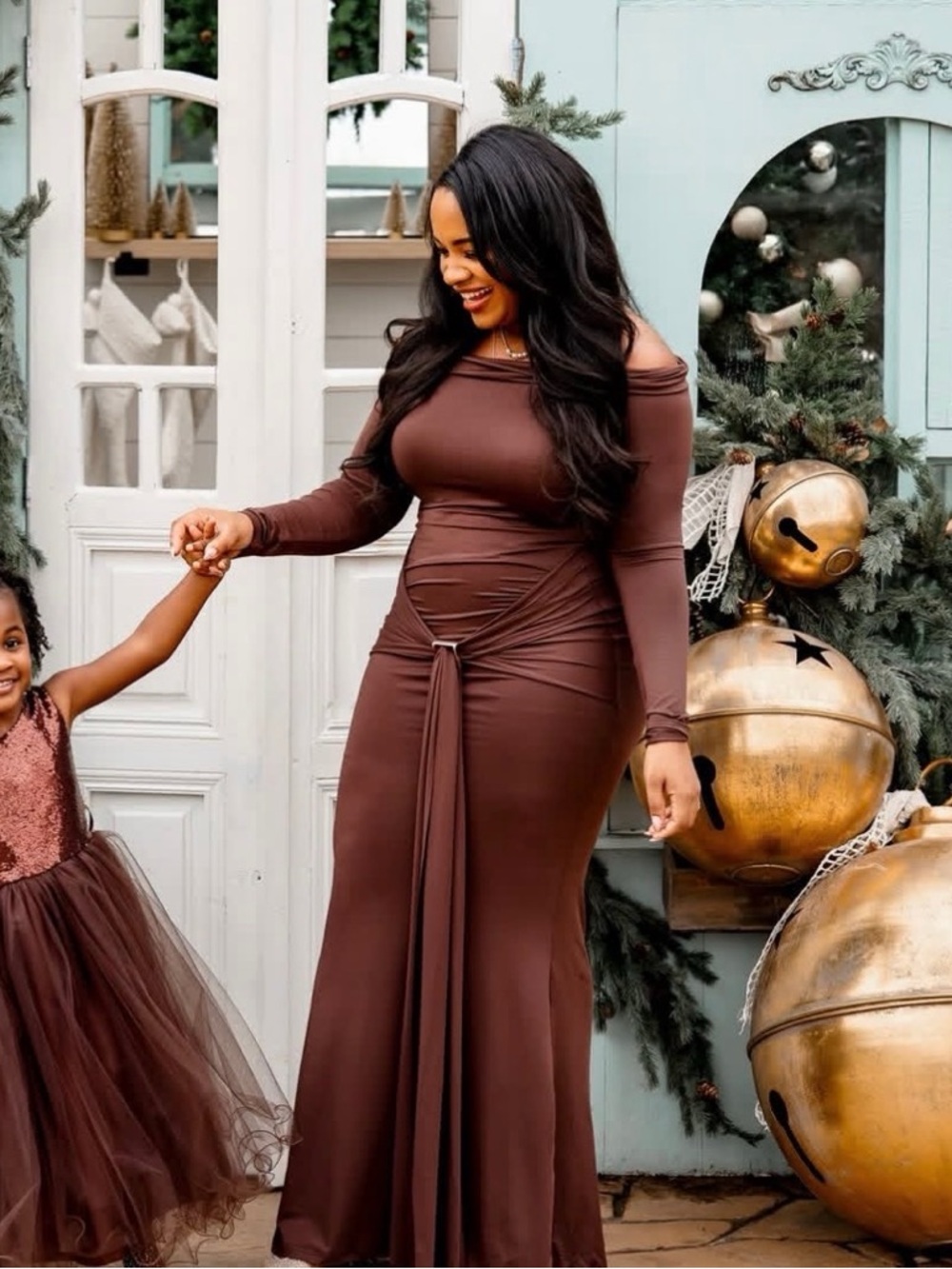 Long Sleeve Off-Shoulder Brown Maternity Maxi Dress